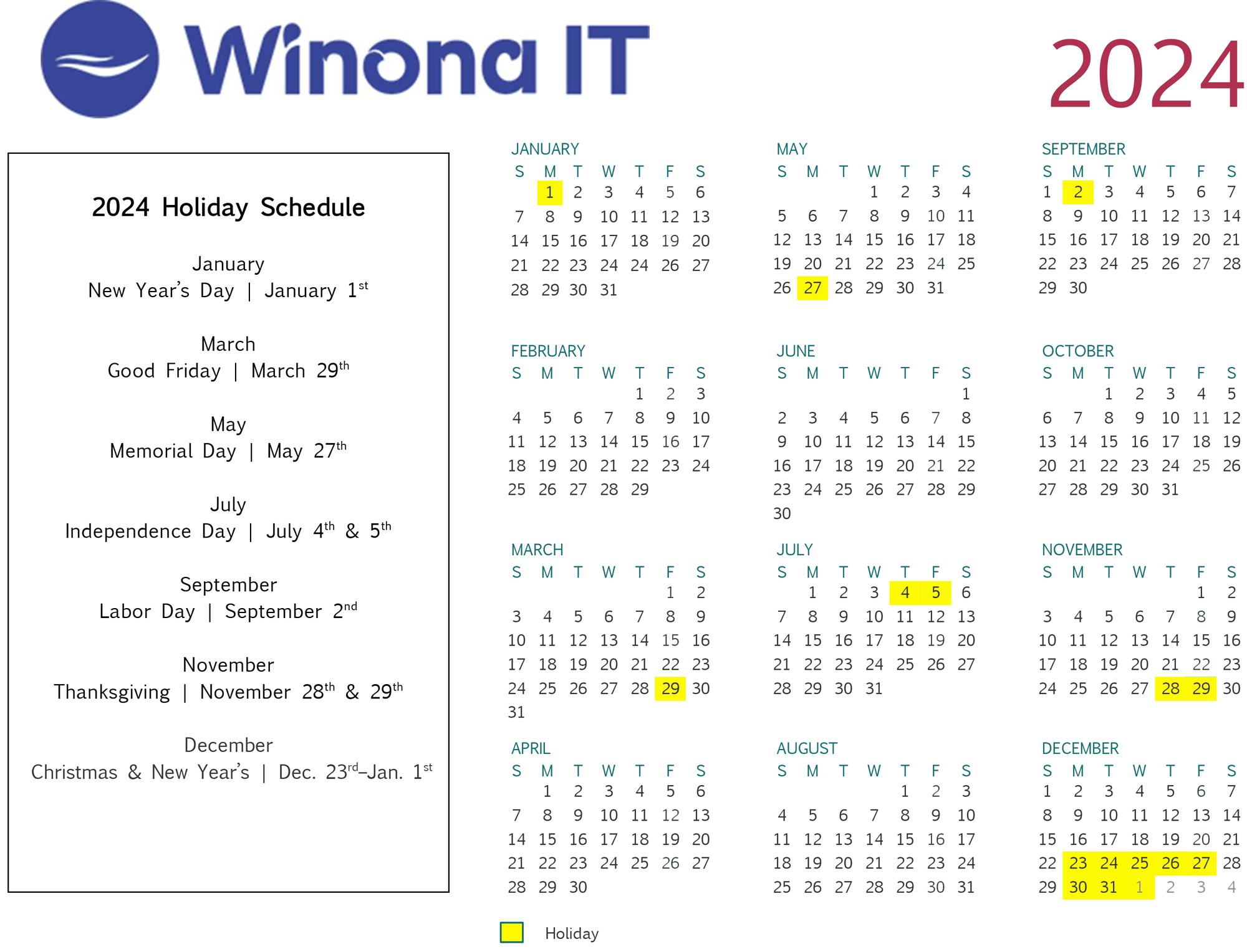 2022 Winona IT holiday calendar