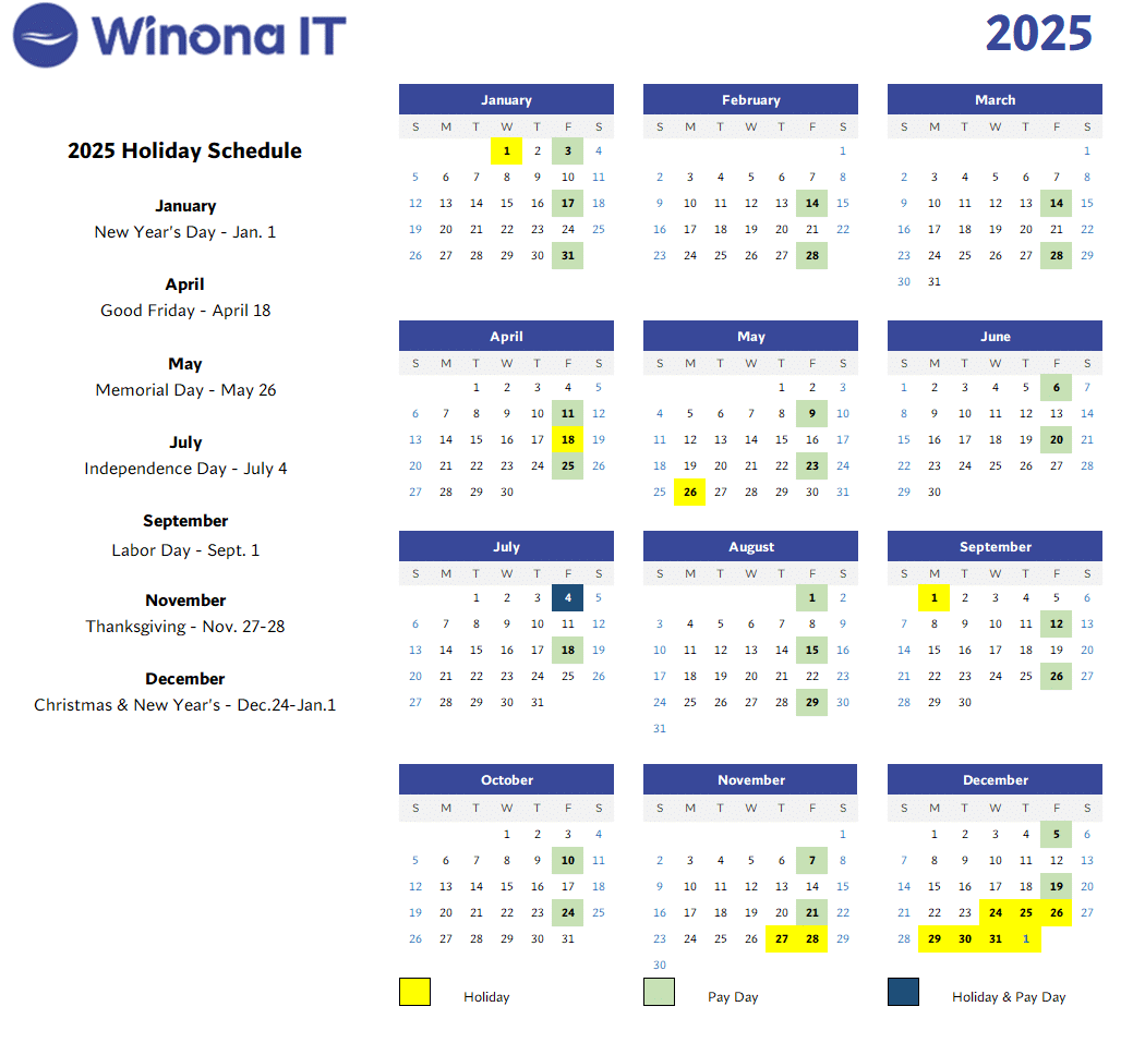 2025 holiday calendar for Winona IT showing holidays and pay days.
